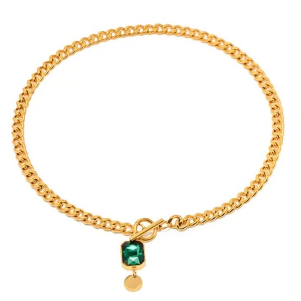 Elegant 18K Gold-Plated Stainless Steel Necklace with Green Gemstone Pendant - Picture 3 of 4